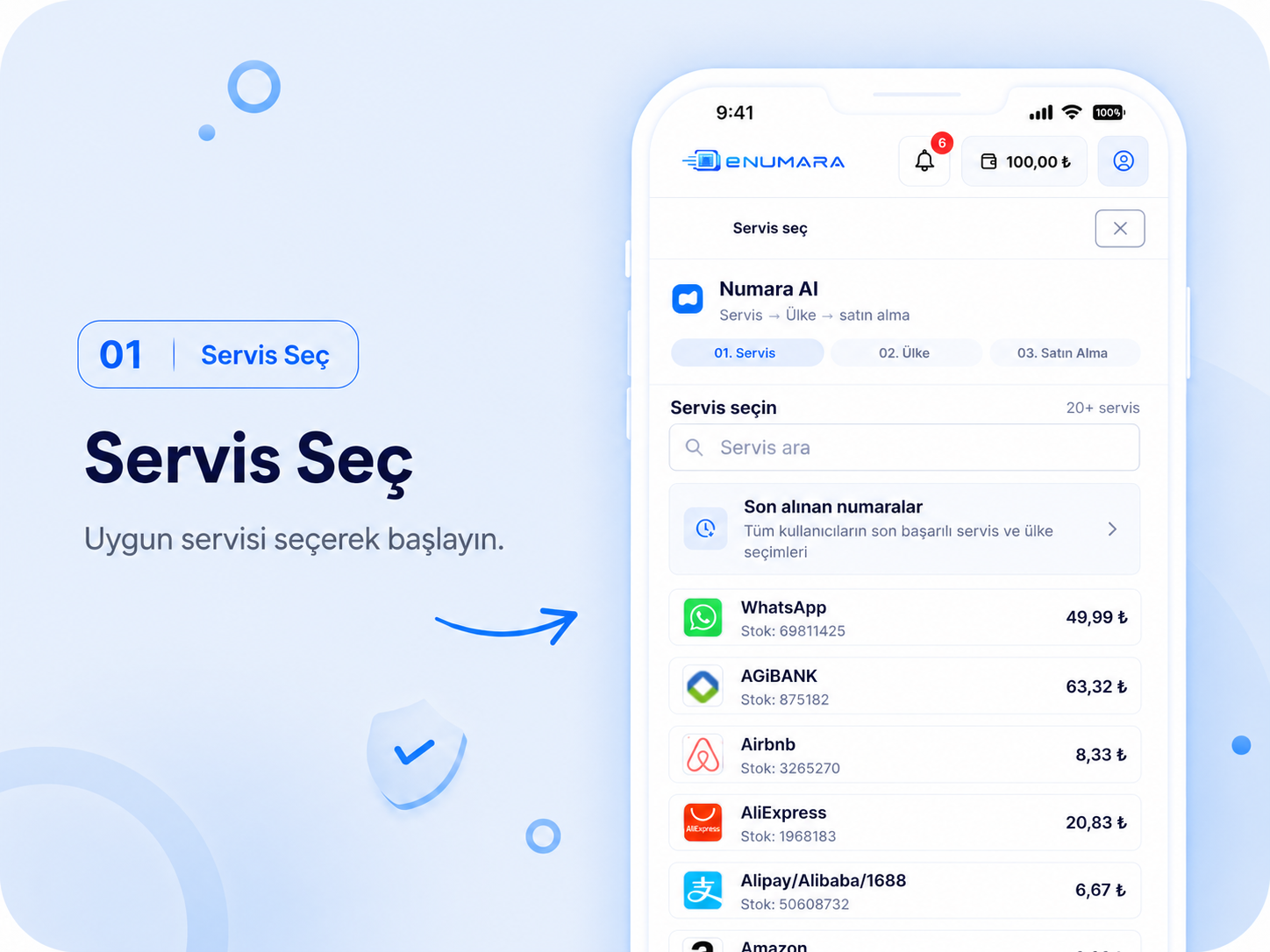 eNUMARA servis seçimi ekranı