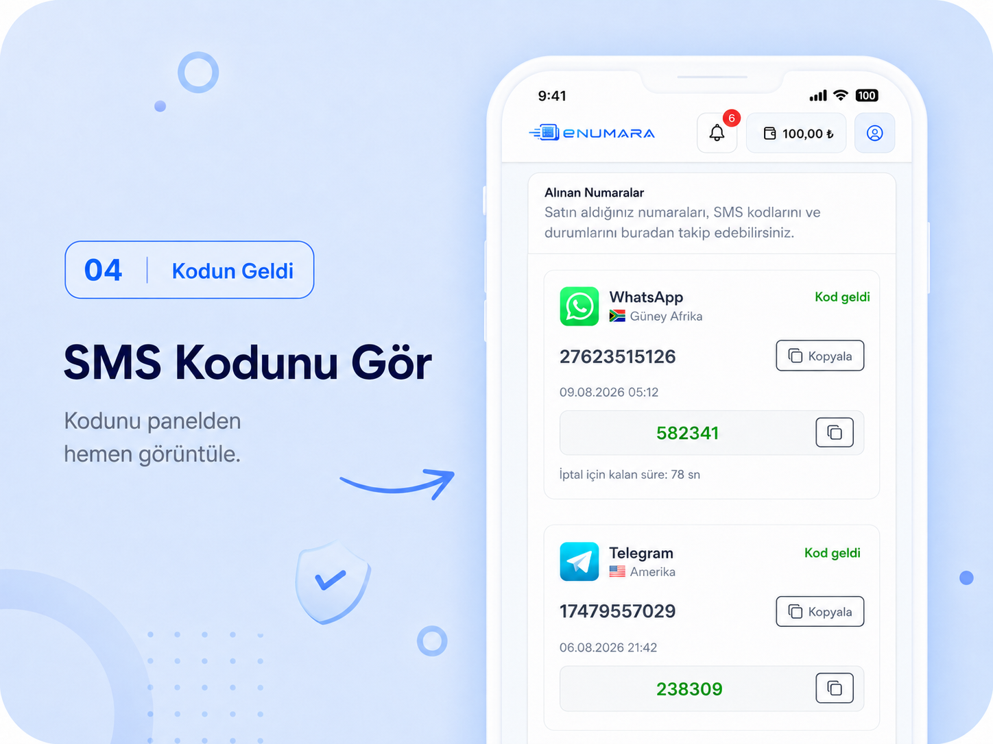 eNUMARA SMS doğrulama kodu görüntüleme ekranı
