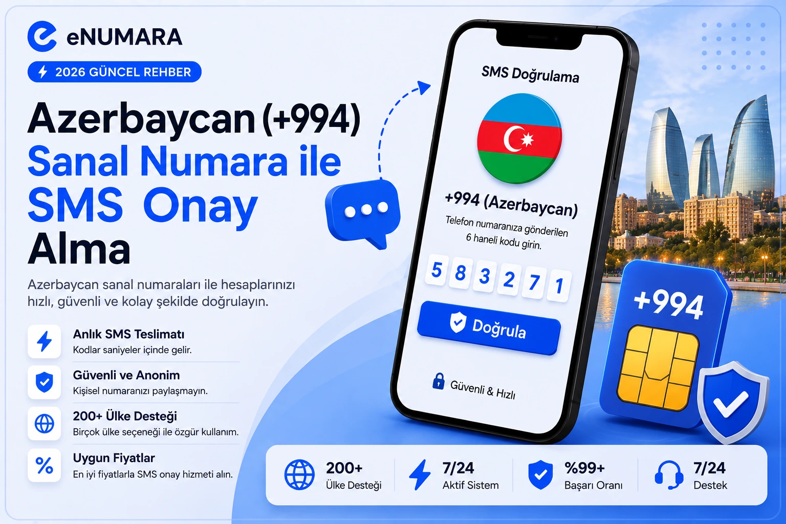 Azerbaycan (+994) Sanal Numara ile SMS Onay Alma