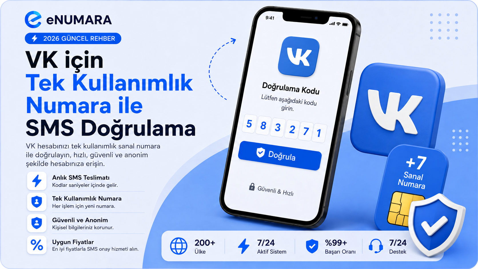 VK için Tek Kullanımlık Numara ile SMS Doğrulama